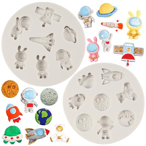 MYRACS Astronauten Fondant Formen Raketenplanet Silikonform Für Weltraum Partys Kuchendekoration Babyparty Cupcake Topper Schokolade Süßigkeiten Polymer Ton Blütenpaste 2er Set von MYPRACS