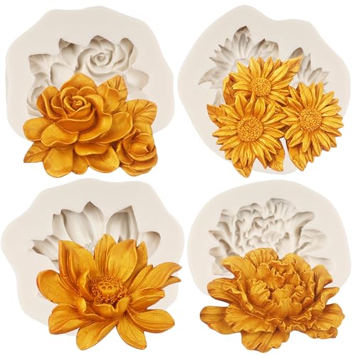 MYRACS Silikonform Für Rosenblumen Sonnenblumen Pfingstrosen Blumen Fondant Form Lotusblumen Silikonform Für Kuchendekoration Schokolade Süßigkeiten Polymer Ton Blütenpaste 4er Set von MYPRACS