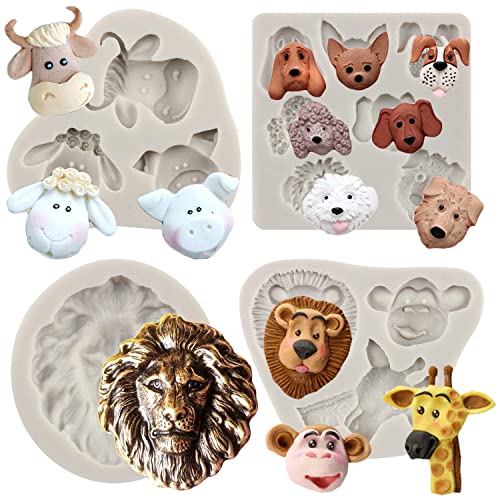 MYRACS Silikonform Mit Bauernhoftierkopf Giraffe AFFE Löwe Fondantform Kuh Schaf Schwein Hund Form Zum Dekorieren Von Kuchen Schokolade Süßigkeiten Cupcake Topper Polymer Ton 4er Set von MYPRACS