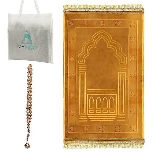 MYPRAY - Gebetsteppich - dick - 3er Set Seccade - mit Tesbih und Tasche (goldenbeige) von MYPRAY