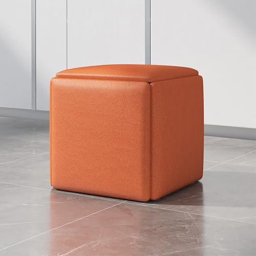 MYRTFK 5-in-1-Nesting-Fußhocker,Leder Quadrat Hocker, Multifunktions-Würfelstuhl Sofa Hocker Fußhocker mit gepolstertem SitzPlatzsparende Wohnzimmer-Kombination Hocker Lagerung(Orange,Large) von MYRTFK
