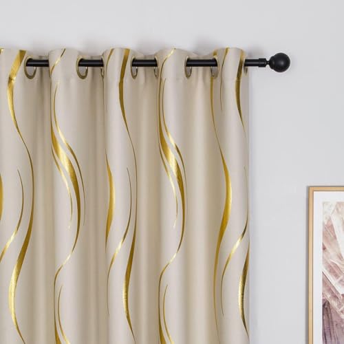 MYRU 1 Paar luxuriöse Verdunkelungsvorhänge mit Wellenmuster und Goldfolien-Design, Thermo-isolierte Fenstervorhänge (beige und goldfarben, 2 Paneele 137 x 244 cm) von MYRU