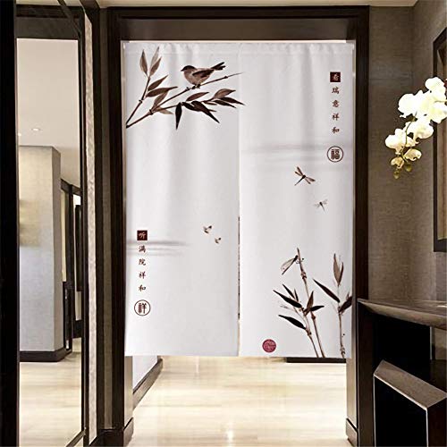 MYRU Japanischer Vorhang Noren Japanischer Vorhang für Restaurant Schrank Tür Eingang Feng Shui Türvorhang (Bambus und Vogel, 84,9 x 150 cm) von MYRU