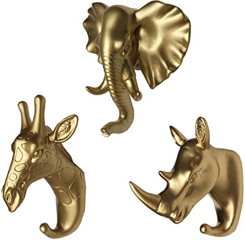 MYRU Wandhaken / Kleiderbügel mit Elefantenkopf, Giraffenkopf und Nashornkopf, Tierform, goldfarben, 3 Stück von MYRU