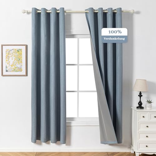 MYSKY HOME Blickdichter Vorhang mit Ösen Gardinen Kälteschutz Verdunklungsvorhänge Leinenoptik Blickdichte Gardine für Wohnzimmer,Graublau,2er Set H 200 x B 140 cm. von MYSKY HOME
