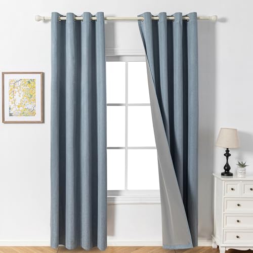 MYSKY HOME Blickdichter Vorhang mit Ösen Gardinen Kälteschutz Verdunklungsvorhänge Leinenoptik Blickdichte Gardine für Wohnzimmer,Graublau,2er Set H 245 x B 140 cm. von MYSKY HOME