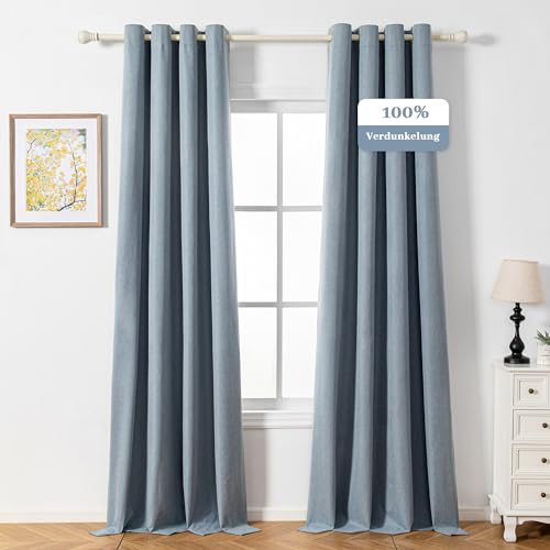 MYSKY HOME Blickdichter Vorhang mit Ösen Gardinen Kälteschutz Verdunklungsvorhänge Leinenoptik Blickdichte Gardine für Wohnzimmer,Graublau,2er Set H 260 x B 140 cm. von MYSKY HOME