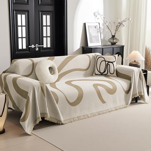MYSKY HOME Boho Jacquard Sofabezug 2/3/4 Sitzer, Chenille Sofa Überzug mit Deko Quasten, Modern Sofaüberwurf Couch Überzug, 230 x 300cm，Khaki Kurve von MYSKY HOME