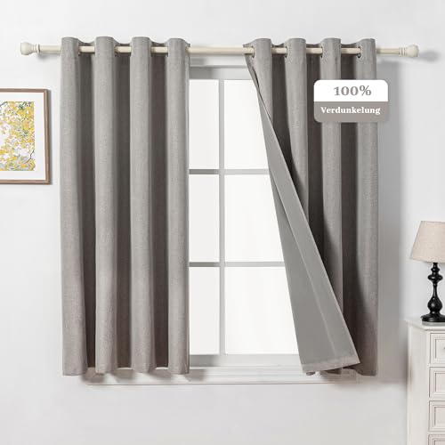 MYSKY HOME Gardine Kurz Leinenoptik Blickdichte Vorhänge mit Ösen Wohnzimmer Verdunkelungsvorhang Thermo Gardinen Hitzeschutz Wärmeisolierend,Leinen,2er Set H 160 x B 140 cm. von MYSKY HOME