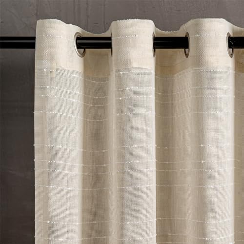 MYSKY HOME Gardine Vorhänge mit Ösen Gardinen Weiss Streifen Vorhang Wohnzimmer Schlafzimmer 2er Set Halbtransparent Voile Curtains for kinderzimmer, H 175 x B 140 cm, Beige. von MYSKY HOME