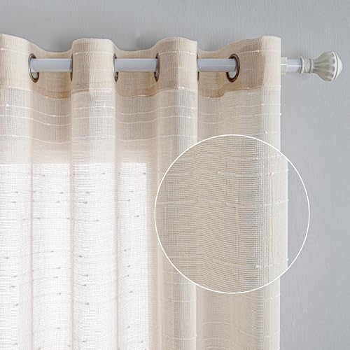 MYSKY HOME Gardine Vorhänge mit Ösen Gardinen Weiss Streifen Vorhang Wohnzimmer Schlafzimmer 2er Set Halbtransparent Voile Curtains for kinderzimmer, H 245 x B 140 cm, Beige. von MYSKY HOME