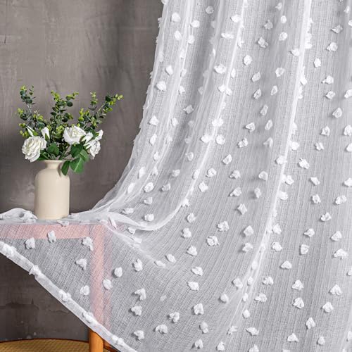 MYSKY HOME Gardine Weiß 2er Set Vorhänge mit Ösen Sheer Voile Vorhang Kinderzimmer Gardinen Wohnzimmer Modern Stickerei Ösenschal Transparent Dekoschal für Schlafzimmer H 145 x B 140 cm, Weiss von MYSKY HOME