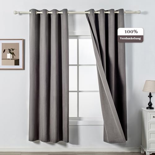 MYSKY HOME Gardinen Blickdichte Vorhänge Schlafzimmer Vorhang Ösen Kälteschutz Blackout Curtain Verdunkelung, H 225 x B 130 cm, Dunkelgrau, 2er Set von MYSKY HOME