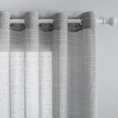 MYSKY HOME Gardinen mit Ösen Vorhänge Wohnzimmer Voile Vorhang Kurz Modern Gardine 2er Set Schlafzimmer Weiss Gestreift Muster Vorhang Halbtransparent Streifen H 160 x B 140, Dunkelgrau. von MYSKY HOME
