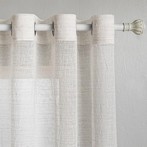 MYSKY HOME Gardinen mit Ösen Vorhang Boho Vorhänge Halbtransparent Gardine Leinenoptik Falte Voile Ösenschal Dekoschal für Wohnzimmer Schlafzimmer, 2 Stücke H 225 x B 140 cm, Beige. von MYSKY HOME