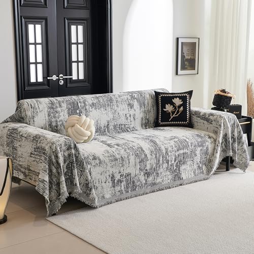 MYSKY HOME Jacquard Sofabezug 2/3/4 Sitzer, Chenille Sofa Überzug mit Deko Quasten, Geometrische Abstrakt Sofaüberwurf Couch Überzug, 180 x 260cm，Dunkelgrau von MYSKY HOME