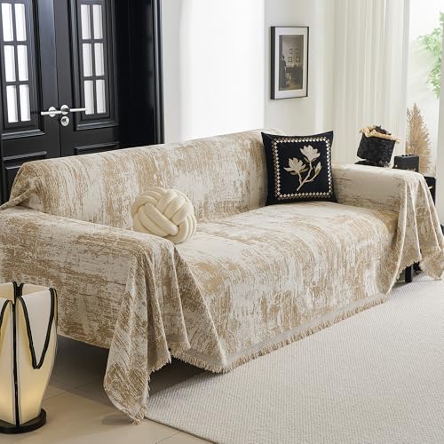 MYSKY HOME Jacquard Sofabezug 2/3/4 Sitzer, Chenille Sofa Überzug mit Deko Quasten, Geometrische Abstrakt Sofaüberwurf Couch Überzug, 230 x 380cm，Khaki von MYSKY HOME