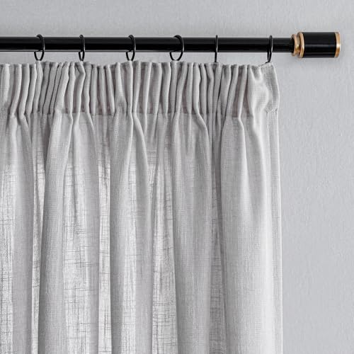 MYSKY HOME Vorhänge Kurz Leinenoptik Gardine Wohnzimmer Gardine mit Kräuselband Halbtransparent Vorhang 2er Set H 160 x B 140 cm Natürlicher Stil Gardine Halbtransparent Linen Curtains, Hellgrau von MYSKY HOME