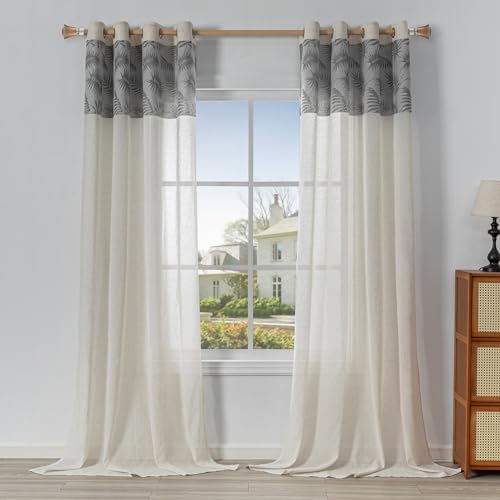 MYSKY HOME Vorhänge und Gardinen Wohnzimmer Gardine mit Ösen Vorhang Boho Blattmuster Leinenoptik 2 Stücke Halbtransparent Beige Voile Curtains for kinderzimmer, H 260 x B 140 cm, Grau von MYSKY HOME