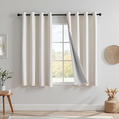 MYSKY HOME Vorhang 100% Blickdicht Gardinen mit Ösen Verdunklungsvorhänge Leinen-Mischung Thermovorhang Kälteschutz Hitzeschutz vorhänge für Schlafzimmer 2er Set H 160 x B 140 cm, Hellbeige von MYSKY HOME