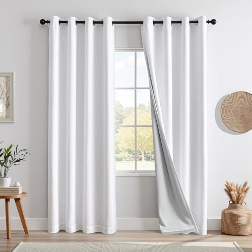 MYSKY HOME Vorhang 100% Blickdicht Gardinen mit Ösen Verdunklungsvorhänge Leinen-Mischung Thermovorhang Kälteschutz Hitzeschutz vorhänge für Wohnzimmer Schlafzimmer 2er Set H 225 x B 140 cm, Weiß von MYSKY HOME