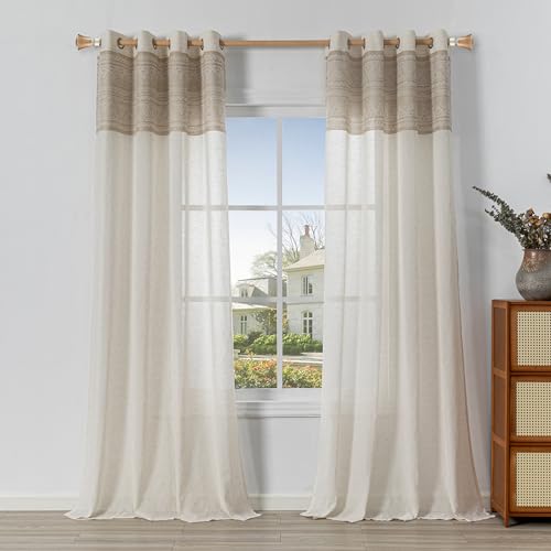 MYSKY HOME Vorhang Gardinen Wohnzimmer Vorhänge mit Ösen 2er Set Boho Gardine Leinenoptik H 225 x B 140 cm Natürlicher Stil Halbtransparent Geometrisches Muster Curtains, Braun von MYSKY HOME