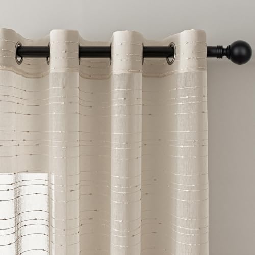 MYSKY HOME Vorhang Kurz Beige Gardinen mit Ösen Voile Vorhänge Kinderzimmer Gardine Wohnzimmer 2er Set Modern Streifen Ösenschal Transparent Dekoschal für Schlafzimmer H 160 x B 140, Beige. von MYSKY HOME