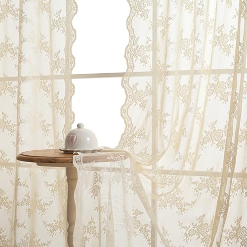 MYSKY HOME Vorhang aus Spitze Blumen Bestickte Spitzengardinen, Vorhänge mit Kräuselband Transparent Gardinen 2er Set, Modern Dekoschal für Wohnzimmer Schlafzimmer, Hellgelb, H 225 x B 140 cm. von MYSKY HOME