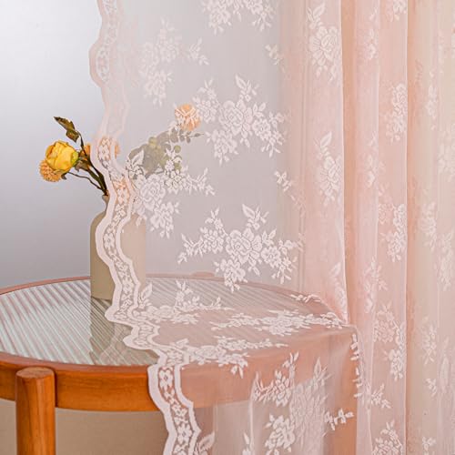 MYSKY HOME Vorhang aus Spitze Blumen Bestickte Spitzengardinen, Vorhänge mit Kräuselband Transparent Gardinen 2er Set, Modern Dekoschal für Wohnzimmer Schlafzimmer, Lichtrosa, H 245 x B 140 cm. von MYSKY HOME