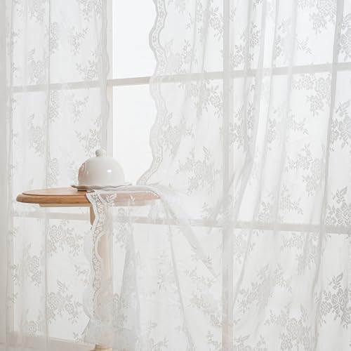 MYSKY HOME Vorhang aus Spitze Blumen Bestickte Spitzengardinen, Vorhänge mit Kräuselband Transparent Gardinen 2er Set Spitzenvorhänge für Wohnzimmer Schlafzimmer, Elfenbeinweiß, H 145 x B 140 cm. von MYSKY HOME