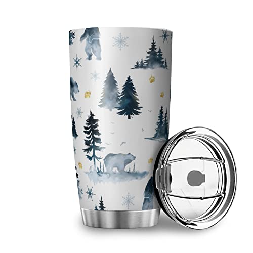 Aquarell Wald Bär Reisebecher Kaffeebecher Thermo Becher Schnee Wald Tiere Edelstahl Rostfrei Doppelwand Isolierung Becher Tassen mit Deckel Edelstahlbecher Teebecher Wald2 600ml von MYSLC