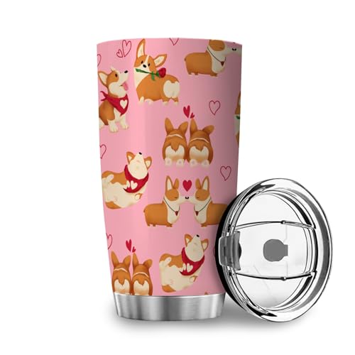 Corgi Tiere Kaffeebecher Reisebecher Cartoon Valentinstag Hunde Liebe Herzen Rosa Thermo Becher Edelstahl Doppelwand Isolierung Tasse Becher mit Deckel Edelstahlbecher Autobecher von MYSLC