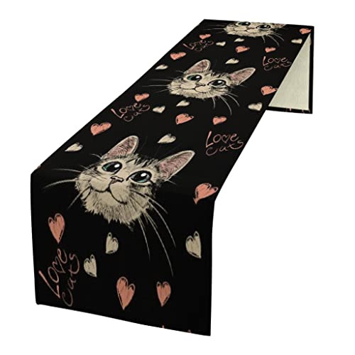 Leinen Tischläufer Liebe Katzen Herzen Tischdecke mit Muster Tischtuch für Küche Restaurant Dekor Geschenk Multicolor 33×91cm von MYSLC
