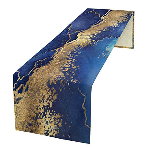 Leinen Tischläufer Moderne Marmorierung Blauer Gold Marmor Tischdecke Modern Tischwäsche für Esszimmer Party Urlaub Multicolor 33×91cm von MYSLC