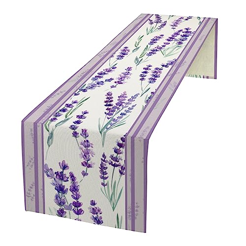 MYSLC Leinen Tischläufer Lavendel Lila Blumen Tischdecke Stilvolle Tischwäsche Innen- und Außenbereich Lila Streifen Blume Tischläufer 33×183cm von MYSLC