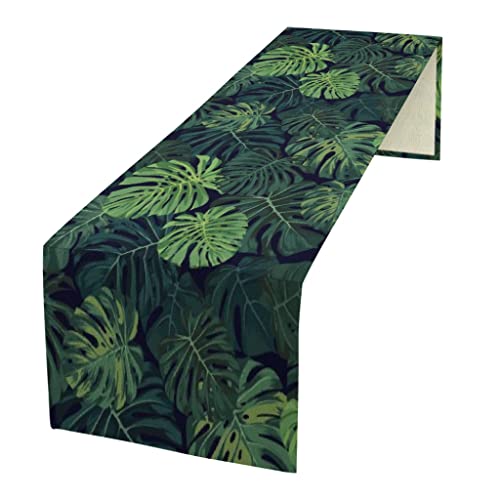 MYSLC Leinen Tischläufer Tropische Pflanze Dunkelgrüne Monstera Blätter Tischdecke Elegante Tischtuch für Hochzeit Küche Party Esszimmer Multicolor 33×91cm von MYSLC