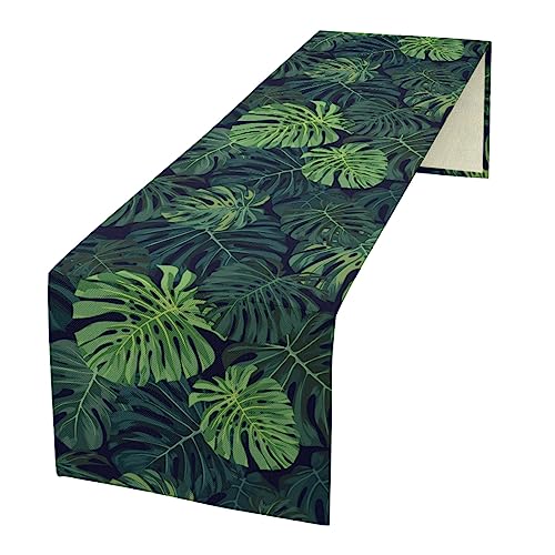 MYSLC Leinen Tischläufer Tropische Pflanze Dunkelgrüne Monstera Blätter Tischdecken Elegante Tischwäsche Palmblatt Tischläufer für Küche Esstisch Dekoration 33×183cm von MYSLC