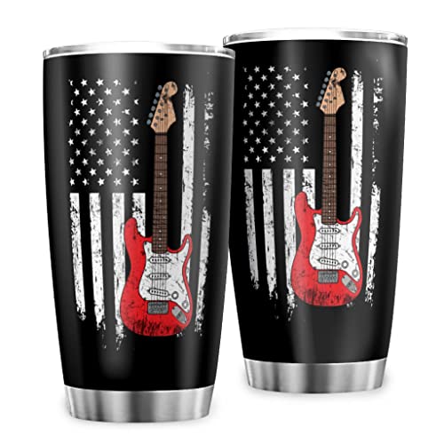 MYSLC Reisebecher Kaffeebecher Gitarre Amerikanische Flagge Thermo Becher Edelstahl Rostfrei Doppelwandige Isolierter Tassen Becher Auslaufsicher Reiseflasche Isolierbecher Multicolor 600ml von MYSLC