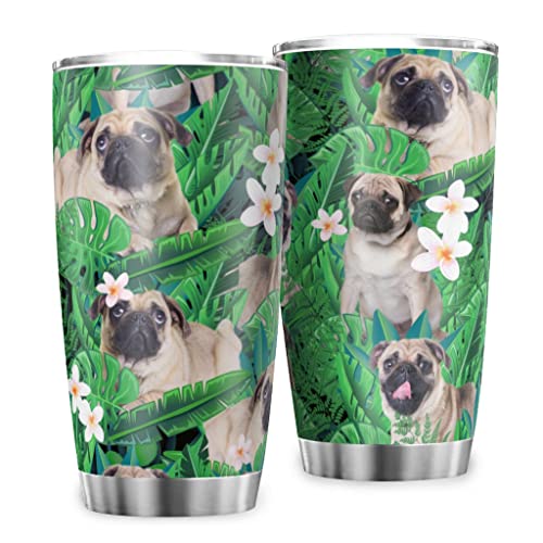 Reisebecher Kaffeebecher Mops Tropische Grüne Pflanzen Palm Monstera Möpse Thermo Becher Edelstahl Doppelwand Isolierung Tasse Becher Auslaufsicher Trinkbecher Isolierbecher Multicolor 600ml von MYSLC