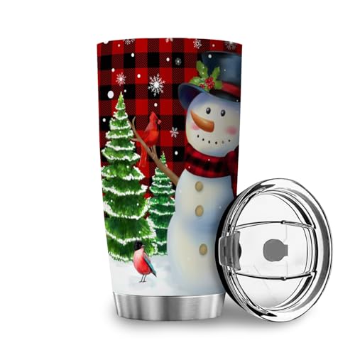 Weihnachten Schneemann Kaffeebecher Reisebecher Roter Vogel Plaids Tartan Thermo Becher Rostfreier Stahl Doppelwand Isolierung Tasse Becher Auslaufsicher Trinkbecher Isolierbecher 600ml von MYSLC