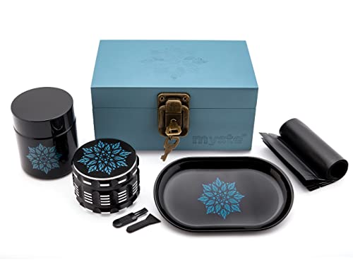 MYSTE BLUE MANDALA Stash Box mit Zubehör, groß Grinder 63mm, geruchsdichtes Set, Stashbox Combo Kit verschließbar, Rolling Tray Set von MYSTE