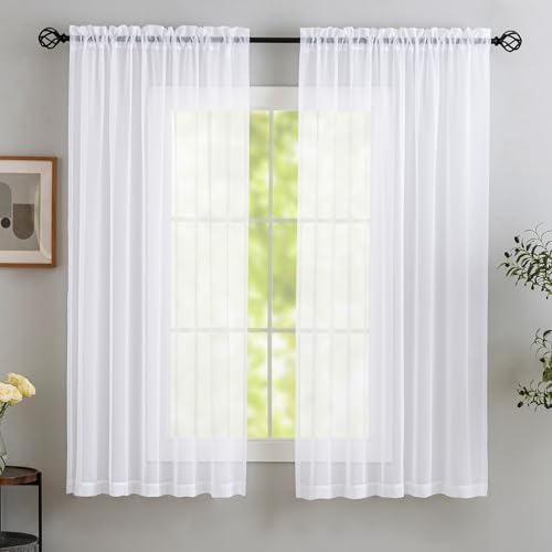 MYSTIC-HOME Gardinen Weiss Transparent - Voile Gardinen Wohnzimmer Modern - Luftige Soft und Sonnenlichtfilterung - Rod Pocket Vorhang Weiß Durchsichtig für Schlafzimmer, Weiß 2er Set H145 x B140 cm von MYSTIC-HOME