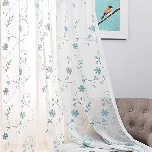 MYSTIC-HOME Transparente Vorhänge mit Blumenstickerei in Blau, Fensterdekoration, Vorhänge mit Stangentasche für Wohnzimmer und Schlafzimmer, Rod Tasche, 2er Set, H 160 X B 132cm von MYSTIC-HOME