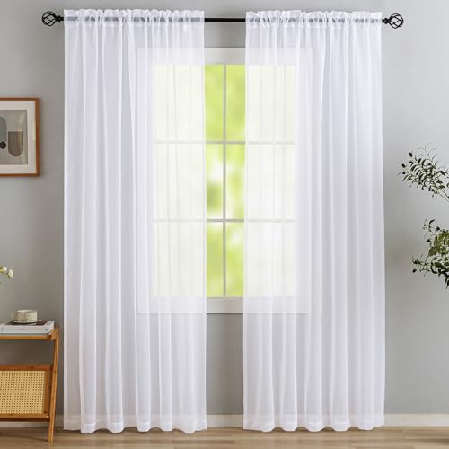MYSTIC-HOME Vorhang Weiss Transparent - Voile Gardinen weiß Wohnzimmer Modern - Sonnenlichtfilterung und Soft Touching - Rod Tasche vorhänge Durchsichtig - 2er Set Maße: H214 x B140 cm von MYSTIC-HOME