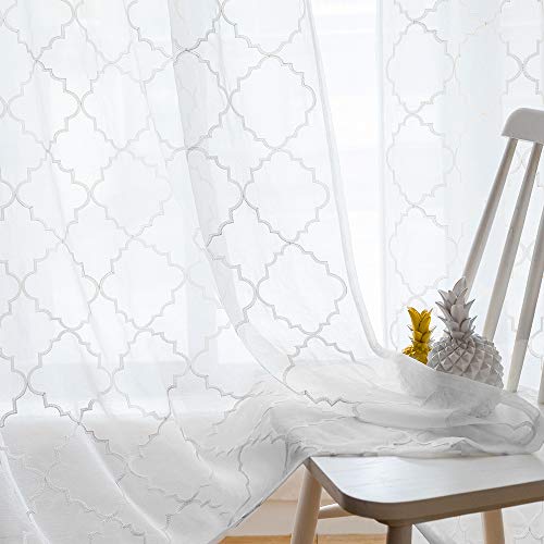 MYSTIC-HOME durchsichtige Vorhänge mit Blumenmuster, weiß, 160 cm lang, Voile-Vorhänge mit Stangentaschen für Schlafzimmer, Halb-Knitter-Vorhangpaneele, 2er-Set, Gitterweiß, 132 cm B x 241 cm L von MYSTIC-HOME