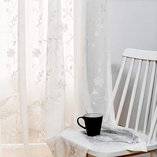 MYSTIC-HOME durchsichtige Vorhänge mit Blumenstickerei, weiß, 160 cm lang, Voile-Vorhänge mit Stangentaschen, Behandlungen, halbzerknitterte Vorhangpaneele, 2er-Set, florales Weiß, 132 cm B x 160 cm L von MYSTIC-HOME