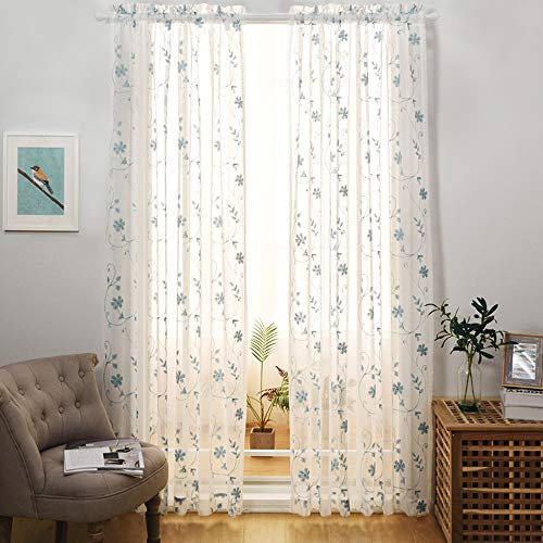 MYSTIC-HOME Transparente Vorhänge mit Blumenstickerei in Blau, 240 cm Länge, Fensterdekoration, Vorhänge mit Stangentasche für Wohnzimmer und Schlafzimmer, Rod Tasche, 2er Set, H 240 X B 132cm von MYSTIC-HOME