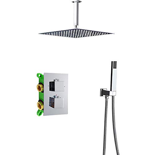MYUYEE Thermostatisches Duschsystem Unterputz-Duschset aus Chrom an der Decke montiertes Duscharmatur-Set mit quadratischem Regenduschkopf Handbrause Einbaubox 10,12 Zoll von MYUYEE