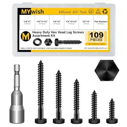 Mywish 109-teiliges 6,35-mm-Sechskantschrauben-Sortimentsset, robuste Zugschrauben mit Unterlegscheiben, 304 Edelstahlschrauben 18-8, 5-große Holzschrauben für den Außenbereich, Schwarzoxid, 1/4 Mywish 109-teiliges 6,35-mm-Sechskantschrauben-Sortimentsset, robuste Zugschrauben mit Unterlegscheiben, 304 Edelstahlschrauben 18-8, 5-große Holzschrauben für den Außenbereich, Schwarzoxid, 1/4 von MYWISH