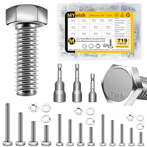 Mywish 719-teiliges M4 M5 M6 Schrauben-Set, metrisches Sortiment, 304 Edelstahl, Mutter- und Schrauben-Set mit flachen und Federscheiben, Sechskantschrauben und Muttern, Vollgewinde Mywish 719-teiliges M4 M5 M6 Schrauben-Set, metrisches Sortiment, 304 Edelstahl, Mutter- und Schrauben-Set mit flachen und Federscheiben, Sechskantschrauben und Muttern, Vollgewinde von MYWISH